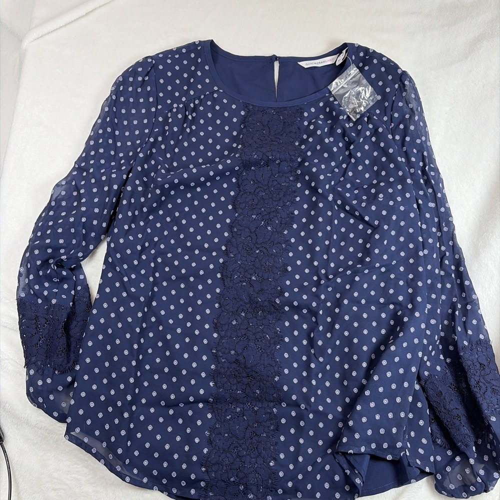 Isaac Mizrahi Live!Long Sleeve Size 12 Blue‎ With Print Sheer Lined Lace Accents